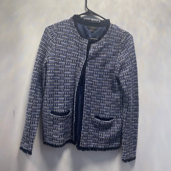 J.Crew Tweed Jacket S Blue & White Fringed Edge - Picture 1 of 11